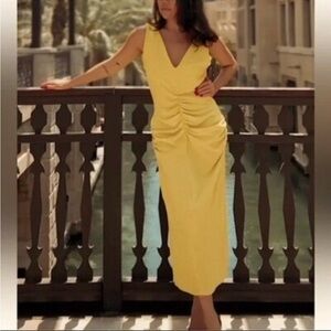 Zara Ruched V Neck and V Back Midi Dress NWT Size Large Yellow